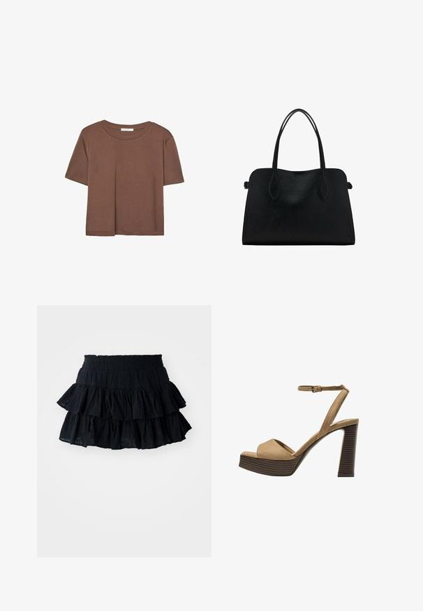 Kahvinsävyinen lyhythihainen t-paita, joka on valmistettu pehmeästä kankaasta. Pyöreä pääntie ja rento malli. Ei näkyviä kuvioita tai koristeita.; Musta kerrostettu hame, joka sisältää kolme kerrosta ja on valmistettu teksturoidusta kankaasta, jossa on hienovarainen kuvio. Mukava elastinen vyötärö.; Beige-nahkareunaiset korkokengät, joissa on leveä etuolka ja ankle strap, varustettu paksulla puukengän korolla, jossa on tekstuuripinta.; Mustavihreä nahkalaukku, jossa on kaksinkertaiset olkahihnat, suorakaiteen muotoinen ja minimalistinen muotoilu valkoisella taustalla.
