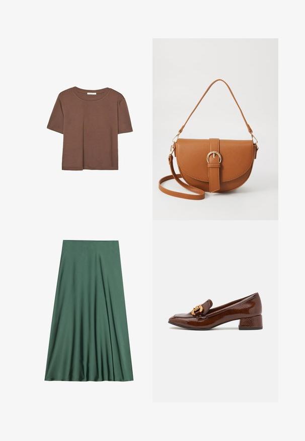 Brun kortærmet t-shirt lavet af blødt stof, med rund halsudskæring og afslappet pasform. Ingen synlige mønstre eller detaljer.; Grøn midi-nederdel lavet af glat, let materiale. Har et flydende design med folder, ingen synlige lukninger eller mønstre.; Brune læder loafers med en blank finish, der har en dekorerende guld spænde foran og en lav blokhæl. Klassisk design.; Brun læder crossbody taske med en buet form, guldfarvet hardware og en spændeaccent. Har en aftagelig skulderrem.