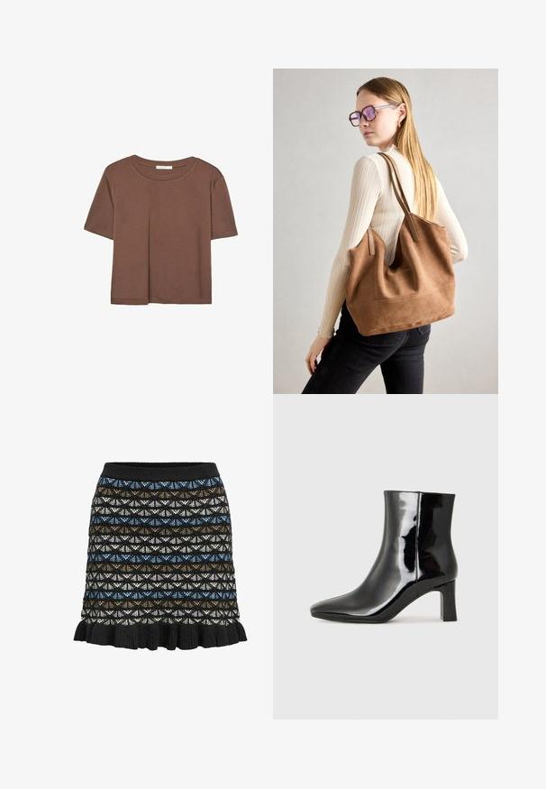 Kahvinsävyinen lyhythihainen t-paita, joka on valmistettu pehmeästä kankaasta. Pyöreä pääntie ja rento malli. Ei näkyviä kuvioita tai koristeita.; Neulottu hame, jossa on geometrinen kuvio mustassa, sinisessä, ruskeassa ja valkoisessa, röyhelöreunus ja elastinen vyötärö.; Musta patenttilakattu nilkkuri, jossa on terävä kärki ja keskipitkä lohkarekorko. Silkkinen pinta ja minimalistinen muotoilu.; Ruskea nubukkivuoriolaukku, jossa on pehmeä rakenne, tilava avaus ja pitkät hihnat. Ominaisuuksiin kuuluu yksinkertainen muotoilu näkyvine ompeleineen ja ilman metalliosia.