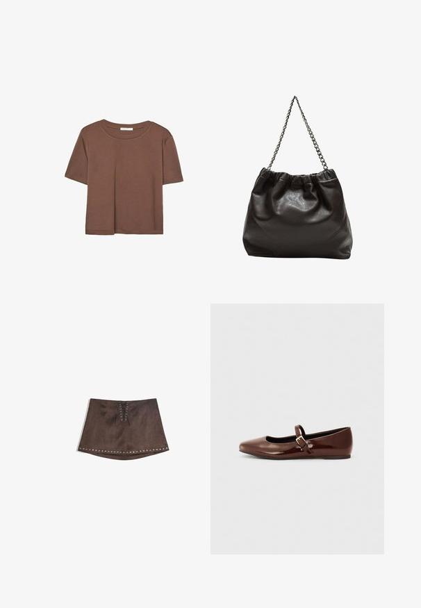 Kahvinsävyinen lyhythihainen t-paita, joka on valmistettu pehmeästä kankaasta. Pyöreä pääntie ja rento malli. Ei näkyviä kuvioita tai koristeita.; Ruskea tekonahkainen minihame, jossa on edessä nauhakiinnitys ja hopeiset niitit helman ympärillä. Sileä rakenne, A-linjainen muoto ja lyhyt pituus.; Kahvikuvioinen patentti-nahkainen balettipohja, jossa on neliskulmainen varvasosa ja nauha, jossa on pieni kultainen solki. Sujuva pinta, matala korko ja minimalistinen muotoilu.; Ruskea nahkainen laukku, jossa on kerätty yläosa ja ketjuhihna. Tasainen pinta, jossa kiiltävä viimeistely ja hienovaraiset sauman yksityiskohdat sivuilla.