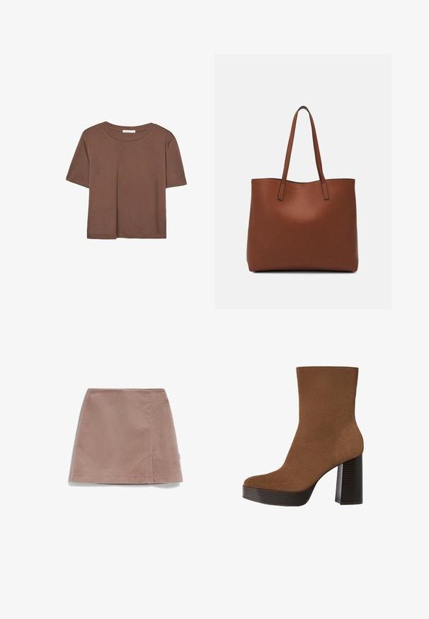 Braunes, kurzärmliges T-Shirt aus weichem Material mit rundem Halsausschnitt und lockerer Passform. Keine sichtbaren Muster oder Akzente.; Cordrockrock, hellbraun, A-Linien-Design, strukturierte gerippte Oberfläche, knielang, mit einer Seitennaht und einem kleinen Etikett am Saum.; Braunes Wildleder-Ankle Boot mit runder Spitze, klobigem schwarz gestreiften Absatz und glatter Oberfläche. Besitzt ein enganliegendes Design ohne sichtbare Beschläge.; Braune Leder-Tote mit glatter Textur, offenem Oberteil und zwei Schulterriemen. Verfügt über minimale Nähte und keine sichtbaren Beschläge.