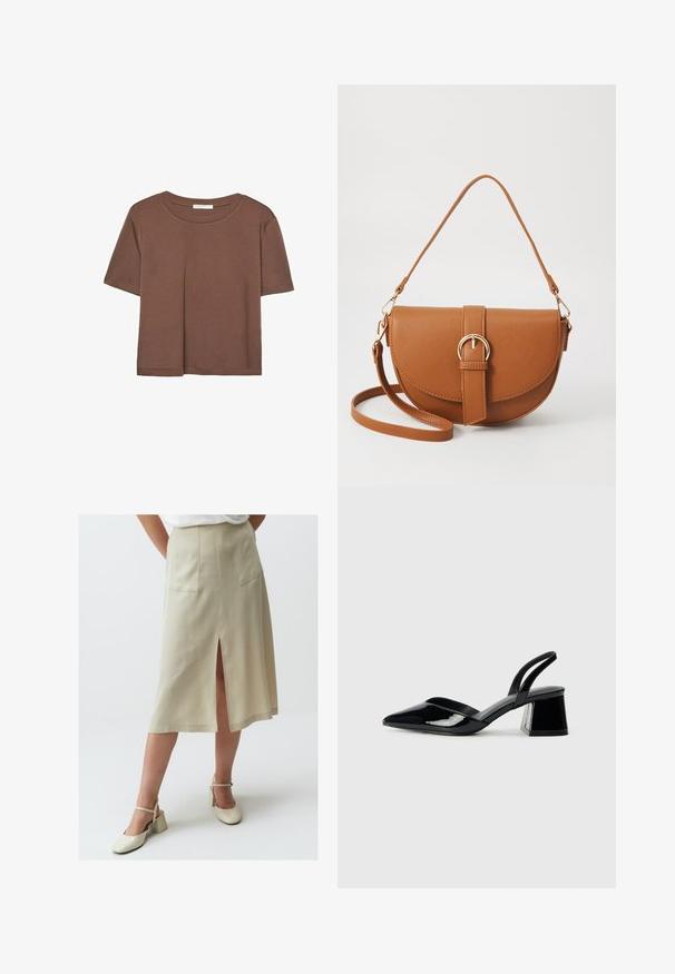 T-shirt marron à manches courtes en tissu doux, avec un col rond et une coupe décontractée. Aucun motif ni accent visible.; Jimmy Key Jupe trapèze - taş; Escarpins en cuir verni noir avec bout pointu et talon bloc géométrique. Présente un design élégant et minimaliste ainsi qu'une texture lisse.; Sac bandoulière en cuir marron avec une forme incurvée, quincaillerie dorée et un accent en boucle. Comprend une bandoulière détachable.