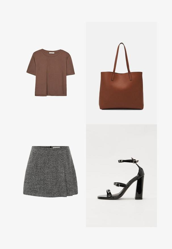 Smeđi kratki rukav majica od mekog materijala, s okruglim izrezom i opuštenim krojem. Nema vidljivih uzoraka ili naglasaka.; Siva mini suknja s teksturom i plisiranim dizajnom, s diskretnim patentnim zatvaračem na stražnjoj strani. Tkanina ima tkanu uzorak.; Crne lakirane sandale na pete sa kvadratnim nosom, trakama oko gležnja i srebrnim kopčama. Imaju čvrst blok petu za stabilnost.; Smeđa kožna torba preko ramena s glatkom teksturom, otvorenim vrhom i dvjema naramenicama. Ima minimalne šavove i nema vidljivog hardvera.