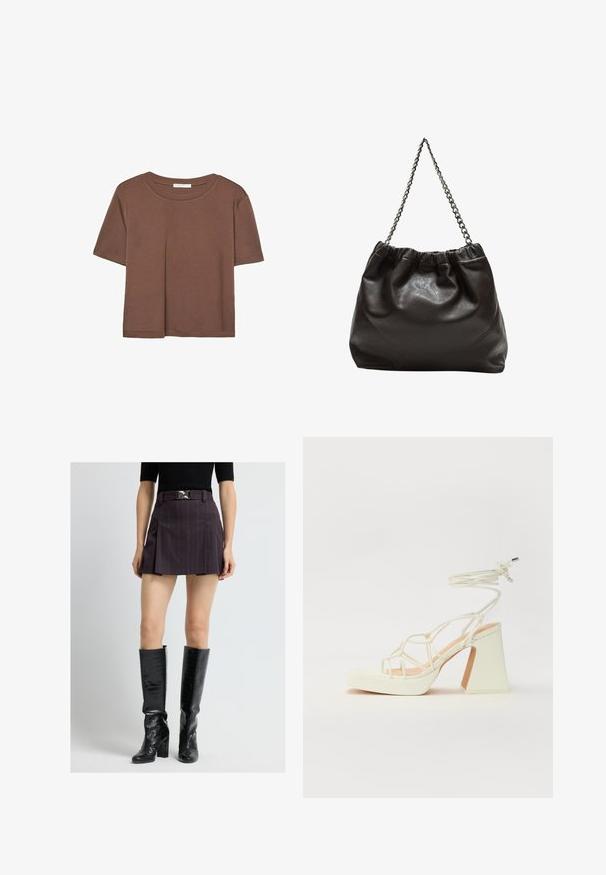 Kahvinsävyinen lyhythihainen t-paita, joka on valmistettu pehmeästä kankaasta. Pyöreä pääntie ja rento malli. Ei näkyviä kuvioita tai koristeita.; Violetti raitahihnallinen mini-hame, jossa on hopeinen solki vyötäröllä, yhdistettynä mustiin polvimittaisiin, teksturoiduin, korkokenkiin.; Valkoinen korkokenkä, jossa on paksu korko, ja joka sisältää nauhakiinnityksen ja nilkkaketjun. Sujuva pinta, jossa on platform-etupohja lisäkorkeutta varten.; Ruskea nahkainen laukku, jossa on kerätty yläosa ja ketjuhihna. Tasainen pinta, jossa kiiltävä viimeistely ja hienovaraiset sauman yksityiskohdat sivuilla.