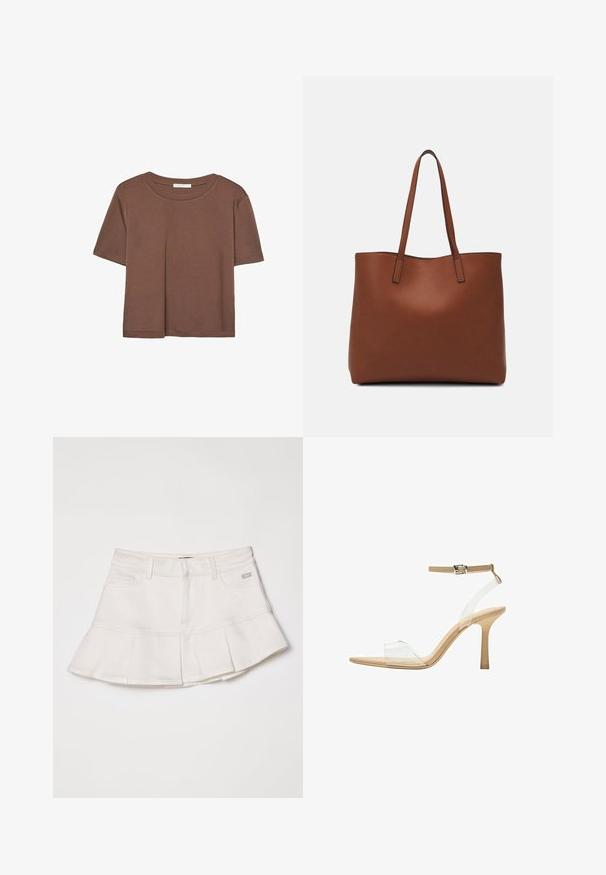 Hnedé tričko s krátkym rukávom vyrobené z jemného materiálu, s okrúhlym výstrihom a voľným strihom. Žiadne viditeľné vzory ani akcenty.; Biely denim sukňa s priliehavým pásom a rozšíreným plisovaným lemom. Obsahuje predné vrecká a malý detail loga na páse.; Priehľadné sandále na vysokom podpätku s transparentným zvrškom, béžovou stielkou a štíhlym remienkom na členku. Majú špicatú špičku a tenký vysoký podpätok.; Hnedá kožená taška na rameno s hladkou textúrou, otvoreným vrchom a dvoma ramenými popruhmi. Má minimálne šitia a žiadne viditeľné kovania.