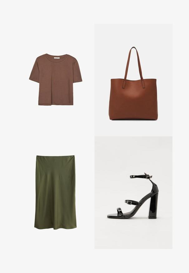 Brązowa koszulka z krótkim rękawem, wykonana z miękkiego materiału, z okrągłym dekoltem i luźnym krojem. Brak widocznych wzorów lub akcentów.; Oliwkowa satynowa spódnica midi o gładkiej teksturze i prostym kroju, z lekko drapowaną linią talii, co nadaje jej minimalistyczny wygląd.; Czarne lakierowane sandały na obcasie z kwadratowym noskiem, z paskami wokół kostki i srebrnymi klamrami. Posiadają masywny słupek dla stabilności.; Brązowa skórzana torba tote o gładkiej fakturze, z otwartym wierzchem i dwoma ramiączkami. Charakteryzuje się minimalnym przeszyciem i brakiem widocznych elementów metalowych.