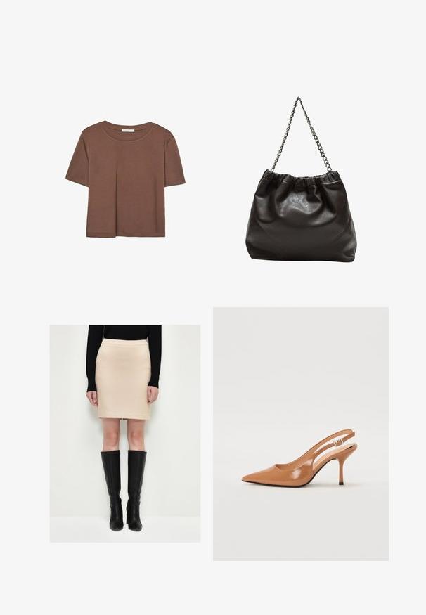 Braunes, kurzärmliges T-Shirt aus weichem Material mit rundem Halsausschnitt und lockerer Passform. Keine sichtbaren Muster oder Akzente.; Beige Rock aus elastischem Stoff, kombiniert mit knielangen schwarzen Lederstiefeln. Das Outfit zeichnet sich durch ein schlichtes Design und eine neutrale Farbpalette aus.; Spitz zulaufender Slingback-Absatz aus einem glatten, glänzenden, tanfarbenen Material. Mit einem geschwungenen Ausschnitt-Design und einem schlanken Stiletto-Absatz. Silberne Schnallendetails.; Braune Lederhandtasche mit gerafftem Oberteil und Kettenriemen. Glatte Textur mit glänzendem Finish und subtilen Nahtdetails an den Seiten.