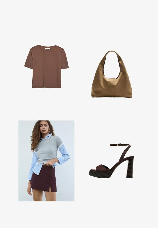 Kahvinsävyinen lyhythihainen t-paita, joka on valmistettu pehmeästä kankaasta. Pyöreä pääntie ja rento malli. Ei näkyviä kuvioita tai koristeita.; Nuora con capelli lunghi e mossi che indossa orecchini a stella, una camicia a righe blu con un maglione grigio a maniche corte e una gonna bordeaux con uno spacco frontale.; Ruske kožne sandale s visokom potpeticom, otvorenim prstima, podesivim kopčanjem oko gležnja i prugastim platformskim đonom.; Ruskea kangaskassi, jossa on leveä, pyöristetty muoto ja suuri leikattu kahva. Pehmeä pinta, minimalistinen muotoilu ja ei näkyvää metalliosaa.