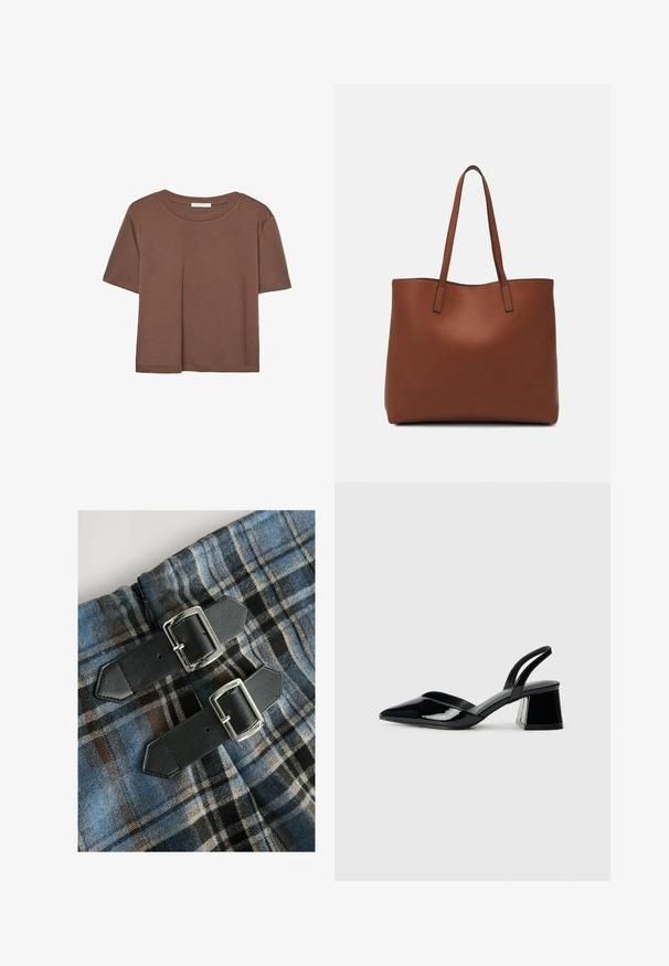 T-shirt marron à manches courtes en tissu doux, avec un col rond et une coupe décontractée. Aucun motif ni accent visible.; Tissu à carreaux avec des couleurs bleu, marron et noir, comportant deux sangles en simili cuir noir avec des boucles en argent à la taille. Fermeture éclair visible.; Escarpins en cuir verni noir avec bout pointu et talon bloc géométrique. Présente un design élégant et minimaliste ainsi qu'une texture lisse.; Sac fourre-tout en cuir marron avec une texture lisse, design à ouverture supérieure et deux poignées pour le porter à l'épaule. Présente des coutures minimales et aucun matériel visible.
