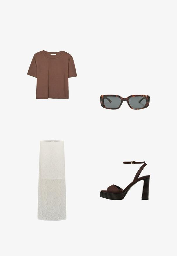 Brązowa koszulka z krótkim rękawem, wykonana z miękkiego materiału, z okrągłym dekoltem i luźnym krojem. Brak widocznych wzorów lub akcentów.; Klosz lampy z koronki w kolorze białym, cylindryczny kształt z kwiatowym wzorem, przejrzysta tekstura i gładka górna krawędź. Obsługuje standardowe mocowanie żarówki.; Brązowe zamszowe sandały na wysokim obcasie z odkrytymi palcami, regulowanym paskiem na kostce i paskowatą podeszwą.; Okulary przeciwsłoneczne w kratkę w kształcie prostokątnym, z grubymi oprawkami i ciemnymi szkłami. Gładka faktura i minimalistyczny design.