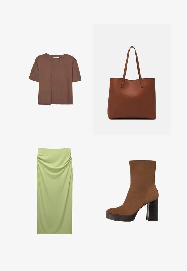 Kahvinsävyinen lyhythihainen t-paita, joka on valmistettu pehmeästä kankaasta. Pyöreä pääntie ja rento malli. Ei näkyviä kuvioita tai koristeita.; Korkeavyötäröinen, lattiaan asti ulottuva hame pehmeästä, vaaleanvihreästä kankaasta. Siinä on poimutettu yksityiskohta sivulla tekstuurin ja laskoksen luomiseksi.; Ruskea nahkasaapas nilkkapituudelta, jossa on pyöreä kärki, paksu mustasuuntainen korko ja sileä pinta. Omistaa istuvan muotoilun ilman näkyvää kiinnitystä.; Ruskea nahkainen olkalaukku, jossa on sileä pinta, avoin yläosa ja kaksi olkahihnaa. Omaavat vain minimaalisen ompelun eikä näkyvää metalliosaa.