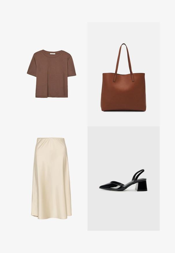 Brun kortærmet t-shirt lavet af blødt stof, med rund halsudskæring og afslappet pasform. Ingen synlige mønstre eller detaljer.; Beige satin A-line nederdel med elastisk talje, glat tekstur og en flydende silhuet, der taperer let mod kanten.; Sorte patentlæder slingback hæle med spids tå og en geometrisk blok hæl. Har et elegant, minimalistisk design og en glat tekstur.; Brun læder tote taske med en glat overflade, åben topdesign og to skulderremme. Har minimal syning og ingen synlig hardware.