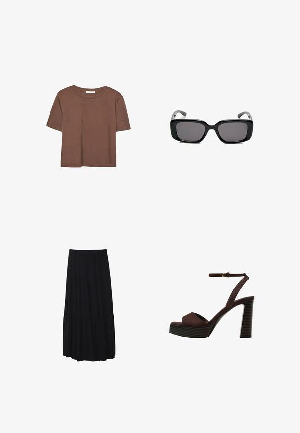 Brun kortärmad t-shirt i mjukt tyg, med rund halsringning och avslappnad passform. Inga synliga mönster eller detaljer.; Svart midikjol med lager, elastisk midja, tillverkad av mjukt tyg, med en flödande silhuett och slät textur.; Bruna mocka högklackade sandaler med öppen tå, justerbar vristrem och en randig plattformssula.; Svarta rektangulära solglasögon med mörka linser, slimmad plastbåge och böjda tempel. Designen är kraftig med en minimalistisk estetik.