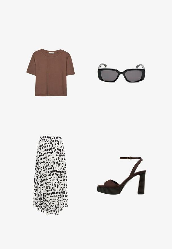 Braunes, kurzärmliges T-Shirt aus weichem Material mit rundem Halsausschnitt und lockerer Passform. Keine sichtbaren Muster oder Akzente.; Schwarzer und weißer gemusterter Rock mit elastischem Bund, der ein fließendes, plissiertes Design und einen asymmetrischen Saum aufweist.; Braune Wildleder-Pumps mit offenem Zeh, verstellbarem Knöchelriemen und gestreiftem Plateausohlen.; Schwarze rechteckige Sonnenbrille mit dunklen Gläsern, glattem Kunststoffrahmen und gebogenen Bügeln. Das Design ist klobig mit einer minimalistischen Ästhetik.