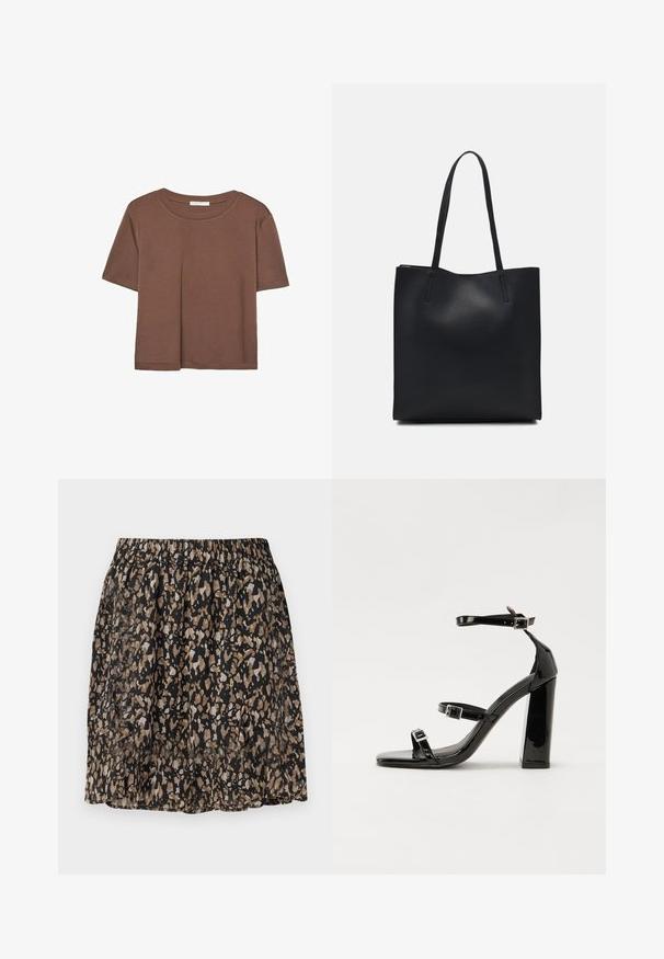 Hnedé tričko s krátkym rukávom vyrobené z jemného materiálu, s okrúhlym výstrihom a voľným strihom. Žiadne viditeľné vzory ani akcenty.; Čierna sukňa s rozmazaným abstraktným vzorom v béžovej a hnedej farbe. Elastický pás, ľahký materiál a dĺžka do kolien.; Čierne lakované sandále na podpätku so štvorcovou špičkou, navlečenými remienkami okolo členku a striebornými prackami. Disponujú masívnym blokovým podpätkom pre stabilitu.; Čierna kožená taška na rameno s hladkým povrchom, obdĺžnikovým tvarom a dvoma dlhými uchami. Bez viditeľného kovania alebo ozdôb.