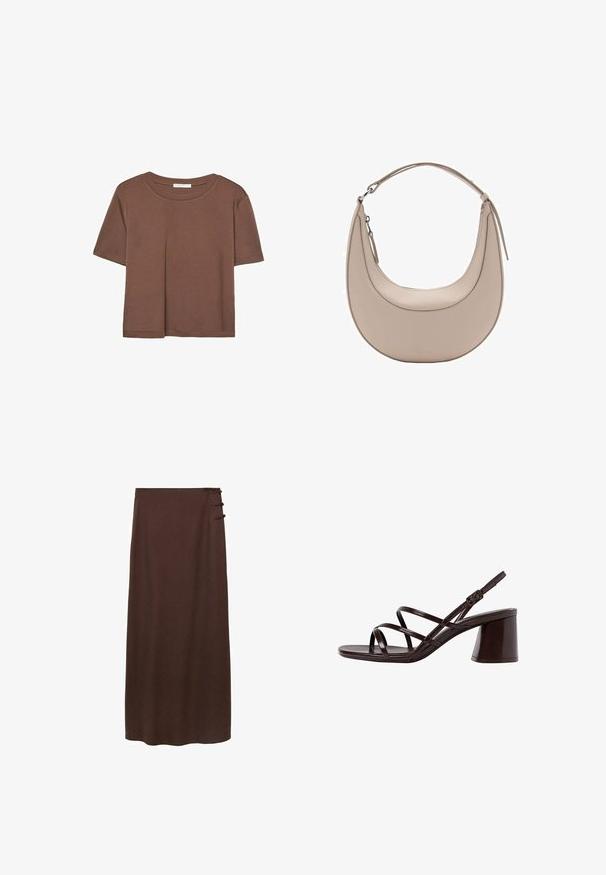 Kahvinsävyinen lyhythihainen t-paita, joka on valmistettu pehmeästä kankaasta. Pyöreä pääntie ja rento malli. Ei näkyviä kuvioita tai koristeita.; Ruskea, lattianpituinen hame, joka on valmistettu pehmeästä materiaalista. Omistaa kolme koristeellista sivupainiketta vyötärön lähellä. Yksinkertainen, koristelematon muotoilu.; Ruske sandaale sa visokom potpeticom s debljim petama, s glatkom, sjajnom površinom i višestrukim križnim trakama na gornjem dijelu.; Vaaleanbeige nahkainen olkalaukku, jossa on kuu-ukko muoto, sileä pinta ja yksi kaareva kahva. Varusteena vetoketjukiinnitys ja siisti ompelu.