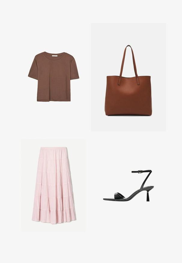 Hnedé tričko s krátkym rukávom vyrobené z jemného materiálu, s okrúhlym výstrihom a voľným strihom. Žiadne viditeľné vzory ani akcenty.; Svetloružová maxi sukňa s viacerými vrstvami, vyrobená z textilného, ľahkého materiálu. Elastický pás a splývavý lem s riasenými akcentmi.; Bershka Sandále na vysokom opätku - black; Hnedá kožená taška na rameno s hladkou textúrou, otvoreným vrchom a dvoma ramenými popruhmi. Má minimálne šitia a žiadne viditeľné kovania.