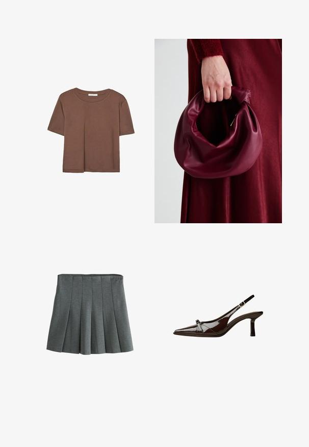 Brown short-sleeve t-shirt made of soft fabric, with a round neckline and relaxed fit. No visible patterns or accents.; Gray pleated skirt made of lightweight fabric, featuring a fitted waist and structured pleats that create a flared silhouette.; Brown patent leather slingback shoe with pointed toe, low heel, and a decorative bow accent on the front. Smooth, shiny texture.; Burgundy leather handbag with a soft, gathered design and a rounded shape. The handle is secured, showcasing a smooth texture.