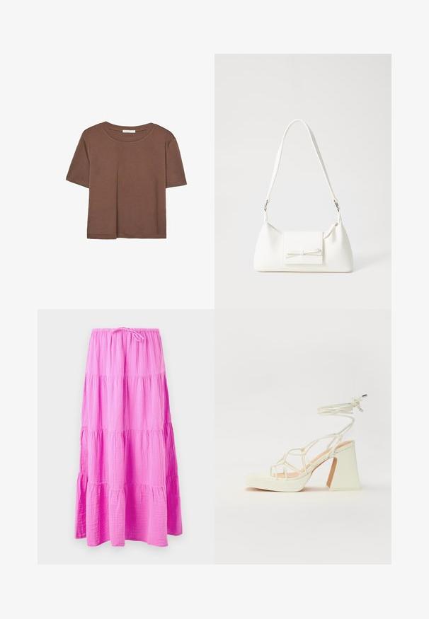 Brun kortærmet t-shirt lavet af blødt stof, med rund halsudskæring og afslappet pasform. Ingen synlige mønstre eller detaljer.; Lang, lagdelt nederdel i skarp pink, lavet af blødt, struktureret stof. Har en elastisk talje med snoretræk for justerbar pasform.; Hvide højhælede sandaler med en kraftig hæl, der har et stropdesign og ankelbinding. Glat tekstur med en platform foran for ekstra højde.; Hvid syntetisk håndtaske med en trekantet form, flad forsideklap og sløjfedetalje, justerbar strop, glat tekstur og minimalistisk design.