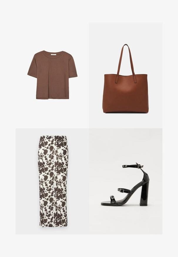 Smeđi kratki rukav majica od mekog materijala, s okruglim izrezom i opuštenim krojem. Nema vidljivih uzoraka ili naglasaka.; Maxi suknja smeđe i bijele boje sa uzorkom, glatke teksture, prilagođenog dizajna i detaljem bočnog proreza. Elastična waist za udobnost.; Crne lakirane sandale na pete sa kvadratnim nosom, trakama oko gležnja i srebrnim kopčama. Imaju čvrst blok petu za stabilnost.; Smeđa kožna torba preko ramena s glatkom teksturom, otvorenim vrhom i dvjema naramenicama. Ima minimalne šavove i nema vidljivog hardvera.