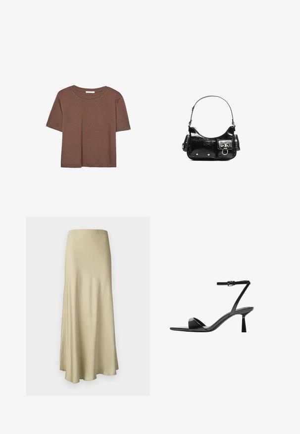 Rjava kratka majica s kratkimi rokavi iz mehkega materiala, s krožnim izrezom in ohlapnim krojem. Brez vidnih vzorcev ali dodatkov.; Dolga, leteča beige krila iz mehkega blaga. Ima gladko teksturo in preprost, minimalističen dizajn brez vidnih elementov.; Bershka Sandali z visoko peto - black; Črna lakasta usnjena torbica s ukrivljeno obliko, enim ramenskim trakom, sprednjimi žepi in srebrnimi kovinskimi dodatki.