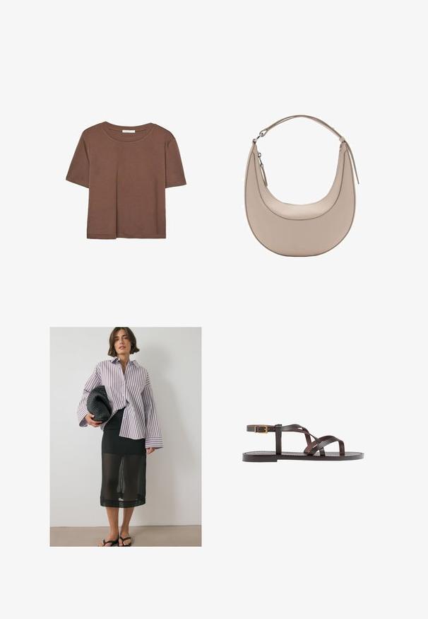 T-shirt marron à manches courtes en tissu doux, avec un col rond et une coupe décontractée. Aucun motif ni accent visible.; Chemise à rayures blanche et bordeaux. Jupe noire transparente superposée sur une base noire solide. Pochette tissée noire et sandales. ; Sandale en cuir marron avec des brides entrecroisées, une fermeture à boucle à la cheville et une semelle plate avec des détails de couture minimaux.; Sac à épaule en cuir beige de forme croissante, texture lisse, avec une seule poignée courbée. Il possède une fermeture zippée et des coutures soignées.