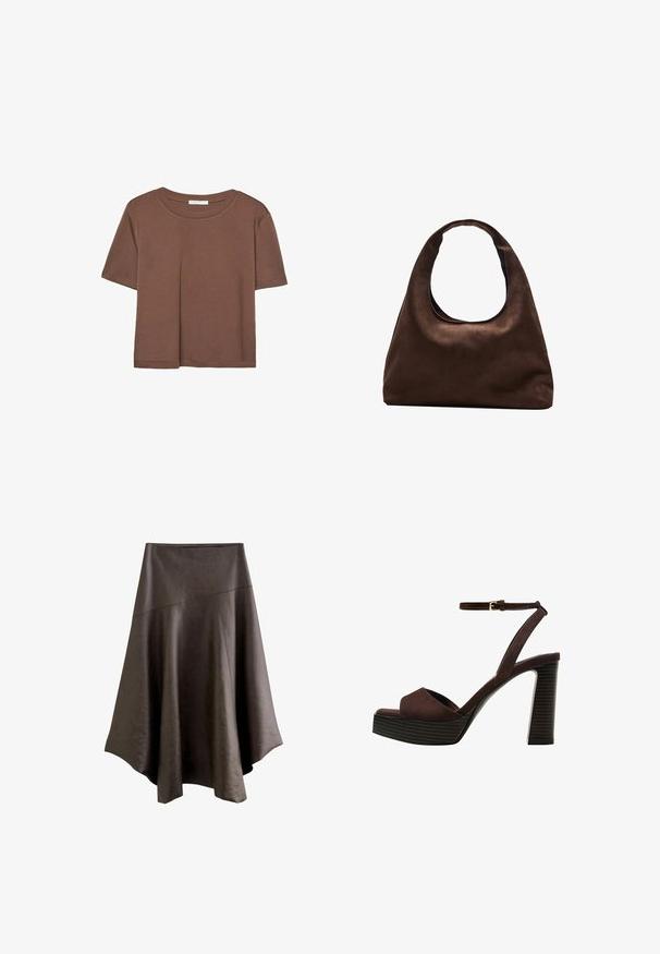 Smeđi kratki rukav majica od mekog materijala, s okruglim izrezom i opuštenim krojem. Nema vidljivih uzoraka ili naglasaka.; Tamno smeđa suknja midi od umjetne kože s asimetričnim krojem, prošivenim panelima i lepršavim rubom.; Smeđe zamšaste sandale s visokim potpeticama, otvorenim prstima, podesivom trakicom oko gležnja i prugastom platformom.; Meka mekana smeđa torba hobo stila s jednim širokim remenom i zakrivljenim otvaranjem na vrhu, prikazana na bijeloj pozadini.