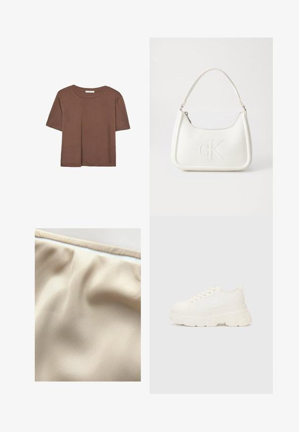 Kahvinsävyinen lyhythihainen t-paita, joka on valmistettu pehmeästä kankaasta. Pyöreä pääntie ja rento malli. Ei näkyviä kuvioita tai koristeita.; Beige kangas, jossa on sileä pinta, hienovaraisia poimuja ja kontrastivärinen valkoinen vetoketju yläreunassa.; Valkoinen kangaskenkä paksulla pohjalla, pyöreällä kärjellä ja viidellä nauhakuutiolla. Takareunan vipu helpottaa pukemista. Sileä pinta, minimalistinen muotoilu.; Valkoinen nahkalaukku, jossa on kaareva muotoilu, etupuolella kohokuvioitu "CK" -logo ja yksi olkahihna. Vetoketjukiinnitys ylhäällä.