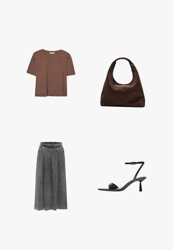Rjava kratka majica s kratkimi rokavi iz mehkega materiala, s krožnim izrezom in ohlapnim krojem. Brez vidnih vzorcev ali dodatkov.; Siva denim krilo z naborki, elastikim pasom, do kolen in teksturirano površino. Preprost dizajn brez vidnih vzorcev ali okraskov.; Bershka Sandali z visoko peto - black; Mehakna rjava torbica v hobo stilu z enim širokim trakom in ukrivljenim odprtjem na vrhu, prikazana na beli podlagi.