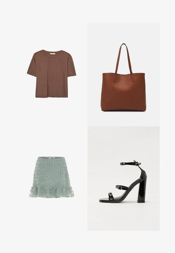 Hnědé tričko s krátkým rukávem vyrobené z měkké látky, s kulatým výstřihem a volným střihem. Bez viditelných vzorů nebo dekorací.; Zelená vyšívaná sukně s květinovými vzory, s rozšířeným volánkovým lemem a hladkou texturou. Navržena s přiléhavým pasem.; Černé lakované sandály na podpatku se čtveratou špičkou, lýtkovými pásky a stříbrnými přezkami. Disponují masivním blokovým podpatkem pro stabilitu.; Hnědá kožená taška přes rameno s hladkou texturou, otevřeným designem a dvěma ramenními popruhy. Obsahuje minimální švy a žádné viditelné kovové prvky.