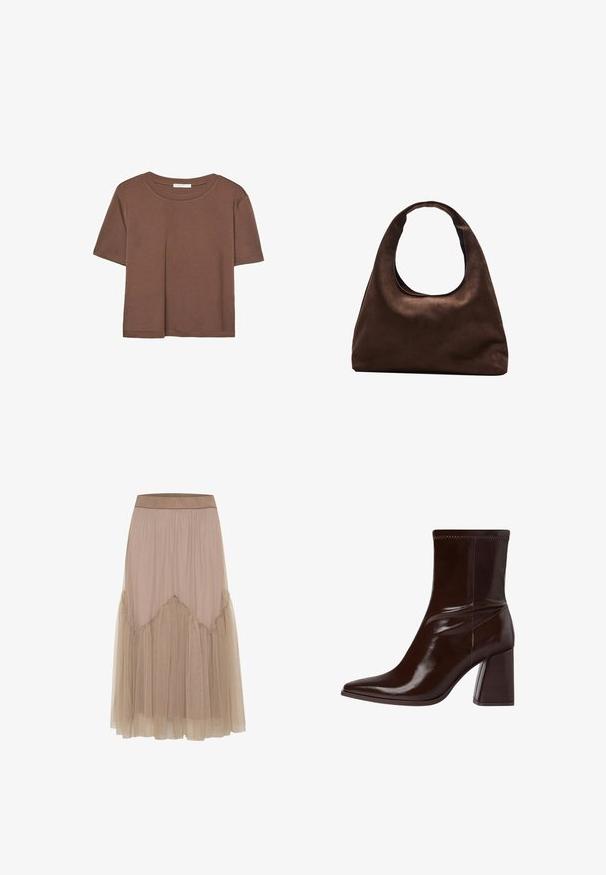 Brown short-sleeve t-shirt made of soft fabric, with a round neckline and relaxed fit. No visible patterns or accents.; Long beige skirt with a soft, lightweight fabric. Tulle overlay features ruffled edges, creating a layered texture and A-line silhouette.; Brown patent leather ankle boot with a pointed toe, elasticized ankle, and a chunky block heel. Sleek design with smooth texture.; Soft brown hobo-style handbag with a single wide strap and a curved top handle opening, displayed on a white background.