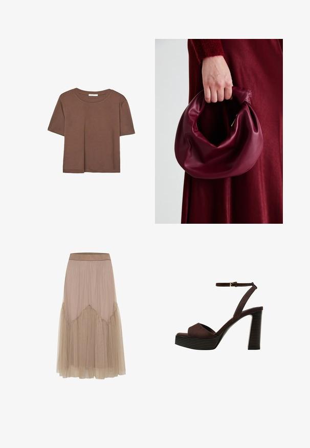 Brown short-sleeve t-shirt made of soft fabric, with a round neckline and relaxed fit. No visible patterns or accents.; Long beige skirt with a soft, lightweight fabric. Tulle overlay features ruffled edges, creating a layered texture and A-line silhouette.; Brown suede high-heeled sandal with an open toe, adjustable ankle strap, and a striped platform sole.; Burgundy leather handbag with a soft, gathered design and a rounded shape. The handle is secured, showcasing a smooth texture.