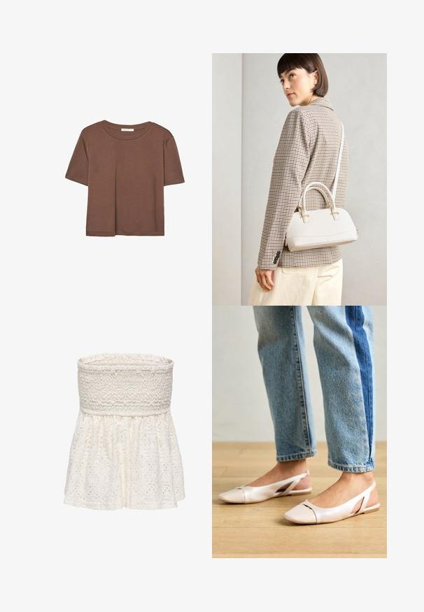 Korte mouwen T-shirt in bruin, gemaakt van een zachte stof, met een ronde halslijn en een relaxte pasvorm. Geen zichtbare patronen of accenten.; Strapless witte top met een gesmockte bodice met textuur en een uitlopende, met kantpatroon versierde onderzijde. Voorzien van verfijnde uitsnijdingen.; Zachtroze slingback ballerina's met een spitse neus, gemaakt van een glad leerachtig materiaal. Bevat uitsnijdingen aan de zijkanten en heeft een platte hak.; Witte gestructureerde handtas met korte handvatten en een schouderband, voorzien van gouden hardwareaccenten en een textuurmateriaal, tentoongesteld tegen een grijze achtergrond.
