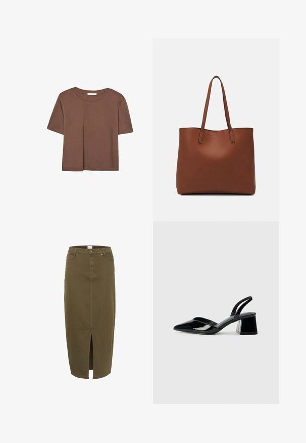 Kahvinsävyinen lyhythihainen t-paita, joka on valmistettu pehmeästä kankaasta. Pyöreä pääntie ja rento malli. Ei näkyviä kuvioita tai koristeita.; Oliivinvihreä farkkuhame, polvipituinen, edessä halkio, vyölenkit ja kaksi etutaskua, joissa on huomaamattomat ompeluaccentit.; Mustat patentoitu nahkakengät, joissa on säären takaosa ja terävä kärki, sekä geometrinen palikkakorko. Sisältää tyylikkään, minimalistisen muotoilun ja sileän pinnan.; Ruskea nahkainen olkalaukku, jossa on sileä pinta, avoin yläosa ja kaksi olkahihnaa. Omaavat vain minimaalisen ompelun eikä näkyvää metalliosaa.