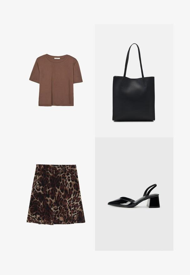 Brun kortærmet t-shirt lavet af blødt stof, med rund halsudskæring og afslappet pasform. Ingen synlige mønstre eller detaljer.; Leopardmønstret midiskirt med plisseret design, der har en tan basisfarve med mørkebrune og sorte pletter. Elastisk talje for bedre pasform.; Sorte patentlæder slingback hæle med spids tå og en geometrisk blok hæl. Har et elegant, minimalistisk design og en glat tekstur.; Sort læder tote taske med glat tekstur, rektangulær form og to lange hanke. Ingen synlig hardware eller udsmykninger.