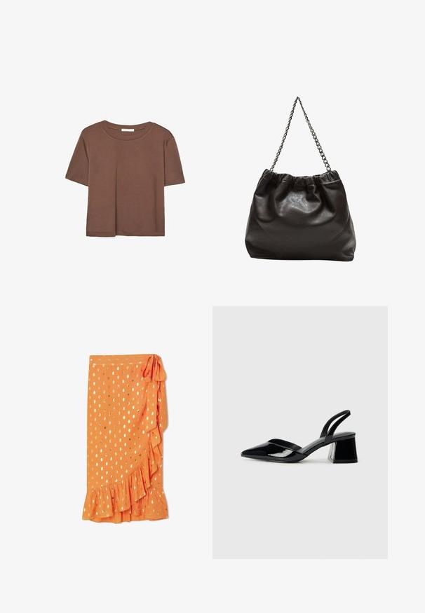 Hnedé tričko s krátkym rukávom vyrobené z jemného materiálu, s okrúhlym výstrihom a voľným strihom. Žiadne viditeľné vzory ani akcenty.; Oranžová sukňa s volánovým lemom, zlatými bodkami a bočným viazaním. Vyrobená z ľahkého materiálu, s jemnou textúrou.; Čierne lakované kožené sandálové podpätky s špicatou špičkou a geometrickým blokovým podpätkom. Disponujú elegantným, minimalistickým dizajnom a hladkým povrchom.; Hnedá kožená taška so zberaným vrchom a reťazovým popruhom. Hladký povrch s lesklým finišom a jemným švom po stranách.