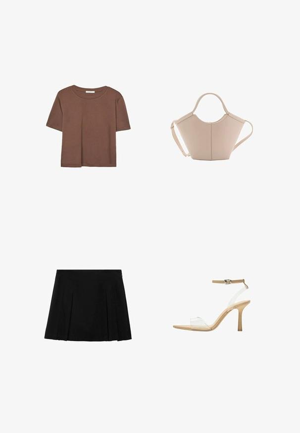 Braunes, kurzärmliges T-Shirt aus weichem Material mit rundem Halsausschnitt und lockerer Passform. Keine sichtbaren Muster oder Akzente.; Schwarzer, plissierter Minirock aus glattem, strukturiertem Stoff mit einem dezenten seitlichen Reißverschluss. Verfügt über gleichmäßig verteilte vertikale Falten.; Durchsichtige Sandale mit transparentem Obermaterial, beigem Fußbett und einem schlanken Knöchelriemen. Sie hat eine spitz zulaufende Zehenpartie und einen dünnen, hohen Absatz.; Beige Lederhandtasche mit einer einzigartigen Form, die zwei kurze Henkel und einen langen verstellbaren Riemen aufweist. Glatte Textur mit minimalen Hardware-Elementen.
