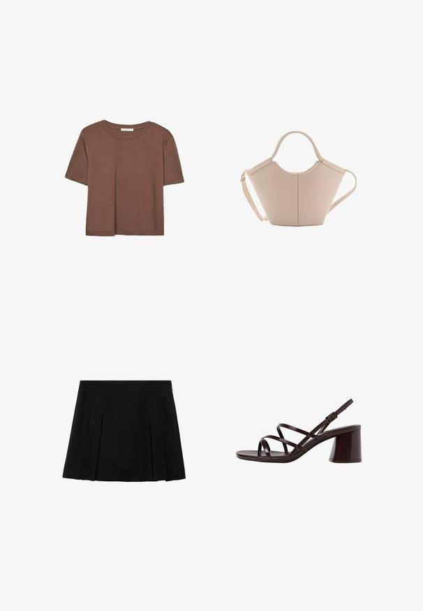 Smeđi kratki rukav majica od mekog materijala, s okruglim izrezom i opuštenim krojem. Nema vidljivih uzoraka ili naglasaka.; Crna mini suknja s nabranim detaljima, izrađena od glatkog, teksturiranog materijala, s diskretnim zatvaračem sa strane. Sadrži ravnomjerno raspoređene vertikalne nabore.; Smeđe sandale na visokoj potpetici s debelom potpeticom, s glatkim, sjajnim završetkom i višestrukim ukrštanjem trakica na gornjem dijelu.; Bež kožna torba jedinstvenog oblika, s dva kratka ručka i dugom podesivom trakom. Glatka tekstura s minimalnim metalnim dodacima.