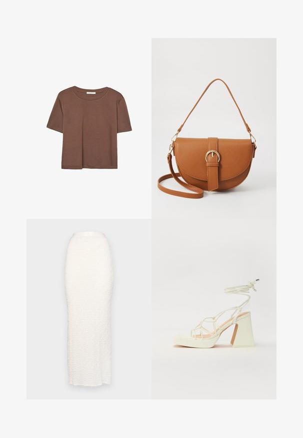 Smeđi kratki rukav majica od mekog materijala, s okruglim izrezom i opuštenim krojem. Nema vidljivih uzoraka ili naglasaka.; Gina Tricot STRUCTURE MAXI SKIRT - Velika suknja - white; Bijela sandala na visokoj potpetici s debelim petom, s remenom i vezanjem oko gležnja. Glatka tekstura s platformom sprijeda za dodatnu visinu.; Smeđa kožna torba preko tijela s zakrivljenim oblikom, zlatnim metalnim detaljima i naglaskom na kopču. Ima odvojivu naramenicu.