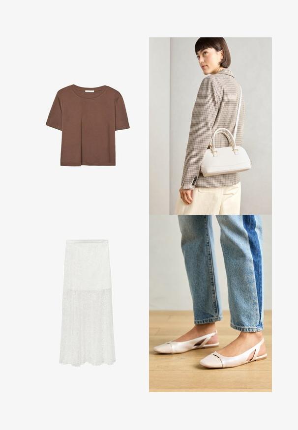 Brun kortärmad t-shirt i mjukt tyg, med rund halsringning och avslappnad passform. Inga synliga mönster eller detaljer.; Vit spets maxi kjol med subtila blommönster, semi-genomskinlig textur och A-linjeformad silhuett. Elastisk midja för komfort.; Ljust rosa slingback-lägenheter med spetsig tå, tillverkade av ett slätt läderliknande material. Har utskurna detaljer på sidorna och en platt häl.; Vitt strukturerat handväska med korta handtag och en axelrem, med gyllene detaljer och texturerat material, visad mot en grå bakgrund.