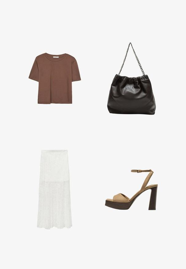 T-shirt marron à manches courtes en tissu doux, avec un col rond et une coupe décontractée. Aucun motif ni accent visible.; Jupe maxi en dentelle blanche avec de subtils motifs floraux, texture semi-transparente et silhouette en A. Taille élastique pour plus de confort.; Sandales à talons hauts en suede beige avec une large bride avant et une bride à la cheville, dotées d'un chunky talon en bois avec une finition texturée.; Sac en cuir marron avec un haut froncé et une bandoulière en chaîne. Texture lisse avec une finition brillante et des coutures subtiles sur les côtés.