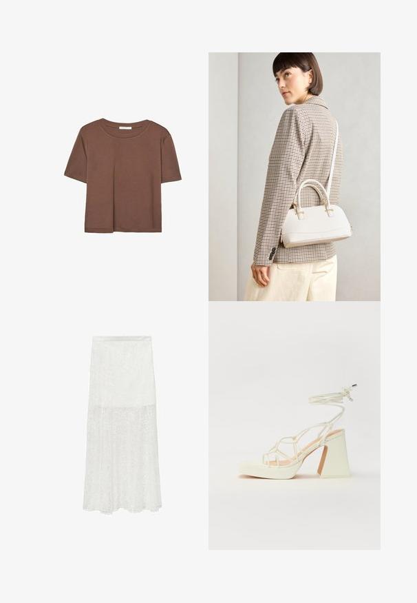 Korte mouwen T-shirt in bruin, gemaakt van een zachte stof, met een ronde halslijn en een relaxte pasvorm. Geen zichtbare patronen of accenten.; Witte kanten maxi rok met subtiele bloemenpatronen, semi-doorzichtige textuur en een A-lijn silhouet. Elastische tailleband voor comfort.; Witte hoge hakken sandaal met een chunky hak, met een bandjesontwerp en enkelband. Gladde textuur met een plateau voor extra hoogte.; Witte gestructureerde handtas met korte handvatten en een schouderband, voorzien van gouden hardwareaccenten en een textuurmateriaal, tentoongesteld tegen een grijze achtergrond.
