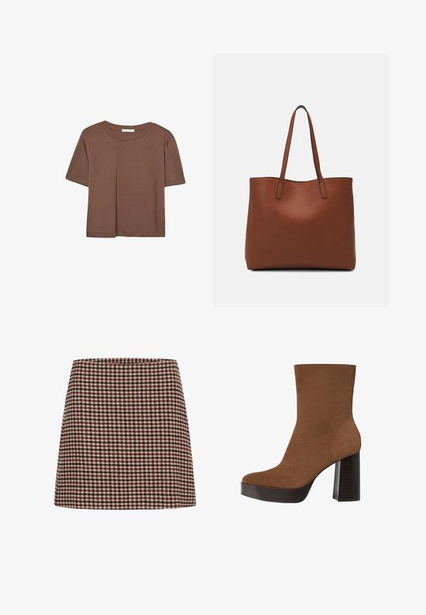 Braunes, kurzärmliges T-Shirt aus weichem Material mit rundem Halsausschnitt und lockerer Passform. Keine sichtbaren Muster oder Akzente.; Ein rot-weißer kariert Minirock mit geradem Schnitt und strukturiertem Stoff. Keine sichtbaren Verschlüsse oder Verzierungen.; Braunes Wildleder-Ankle Boot mit runder Spitze, klobigem schwarz gestreiften Absatz und glatter Oberfläche. Besitzt ein enganliegendes Design ohne sichtbare Beschläge.; Braune Leder-Tote mit glatter Textur, offenem Oberteil und zwei Schulterriemen. Verfügt über minimale Nähte und keine sichtbaren Beschläge.