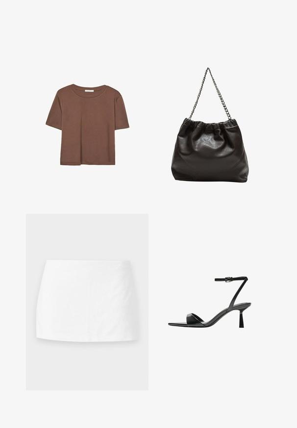 Rjava kratka majica s kratkimi rokavi iz mehkega materiala, s krožnim izrezom in ohlapnim krojem. Brez vidnih vzorcev ali dodatkov.; Bela mini krilo iz gladkega materiala. Ravan kroj s preprostim dizajnom, brez vidnih vzorcev ali dodatkov, featuring čisto, minimalistično estetiko.; Bershka Sandali z visoko peto - black; Rjava usnjena torba z nabranim vrhom in verižnim trakom. Gladka tekstura z sijajno površino in subtilnimi šivi na straneh.