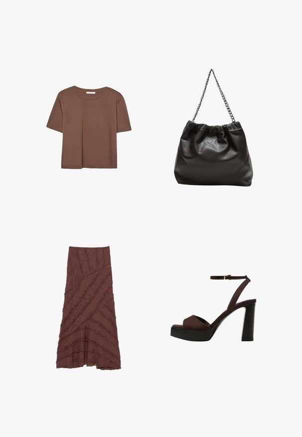 T-shirt marron à manches courtes en tissu doux, avec un col rond et une coupe décontractée. Aucun motif ni accent visible.; Jupe marron texturée avec un design en couches et ondulé et des motifs diagonaux, dotée d'accents froncés le long des bords et d'une silhouette évasée.; Sandale à talons hauts en suede marron avec un bout ouvert, une bride de cheville réglable et une semelle de plateforme rayée.; Sac en cuir marron avec un haut froncé et une bandoulière en chaîne. Texture lisse avec une finition brillante et des coutures subtiles sur les côtés.