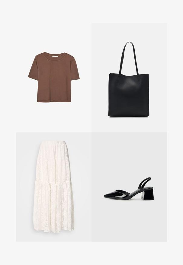Kahvinsävyinen lyhythihainen t-paita, joka on valmistettu pehmeästä kankaasta. Pyöreä pääntie ja rento malli. Ei näkyviä kuvioita tai koristeita.; Valkoinen pitsinen maksihame, jossa on kerroksellinen muotoilu, joustava vyötärö ja monimutkaisia kukkakuoseja kauttaaltaan. Kevyt ja tekstuuriainen kangas.; Mustat patentoitu nahkakengät, joissa on säären takaosa ja terävä kärki, sekä geometrinen palikkakorko. Sisältää tyylikkään, minimalistisen muotoilun ja sileän pinnan.; Mustapahkainen kangaskassi, jossa on sileä pinta, suorakaiteen muotoinen ja kaksi pitkää kahvaa. Ei näkyvää metalliosaa tai koristeita.; Kultaiset rengaskorvakorut, joissa on sileä ja pyöristetty muotoilu. Ohuet ja kevyet, sisältäen jatkuvan lenkin ilman mitään koristeita.