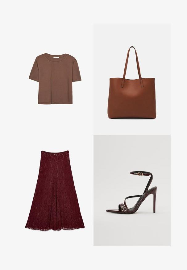 Brun kortärmad t-shirt i mjukt tyg, med rund halsringning och avslappnad passform. Inga synliga mönster eller detaljer.; Lång bourgogne spetsskjol med A-linjeform och semitransparent blommönster.; Burgundyröd patenterad läder högklackad sandal med fotledsrem, spetsig tå och tre horisontella remmar över foten. Detalj med spänne i guldton.; Brun läder tote-väska med en slät textur, öppen toppdesign och två axelremmar. Har minimal söm och ingen synlig metalldetalj.
