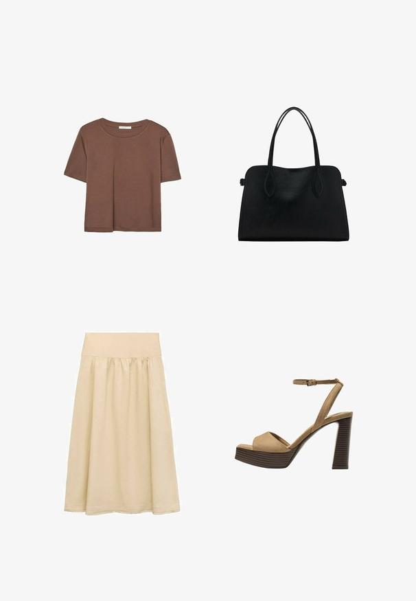 Brun kortærmet t-shirt lavet af blødt stof, med rund halsudskæring og afslappet pasform. Ingen synlige mønstre eller detaljer.; Beige midi nederdel lavet af letvægtigt stof, med elastisk talje, samlet design og en kant med en diskret frynse. ; Beige ruskinds højhælede sandaler med en bred foranrem og ankelrem, der har en kraftig træblokhæls struktur.; Sort læderhåndtaske med dobbelte skulderremme, rektangulær form og minimalistisk design på en hvid baggrund.