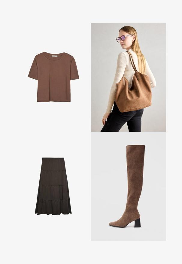 Hnedé tričko s krátkym rukávom vyrobené z jemného materiálu, s okrúhlym výstrihom a voľným strihom. Žiadne viditeľné vzory ani akcenty.; Tmavo hnedá, tierovaná maxi sukňa vyrobená z mäkkej tkaniny s elastickým pásom. Obsahuje tri horizontálne volány pozdĺž dĺžky.; Hnedé nadkolenné bootky vyrobené z mäkkého semišu, s špicatou špičkou a masívnym čiernym podpätkom. Dizajn obsahuje bezšvové šitie pre elegantný vzhľad.; Hnedá semišová taška na rameno s mäkkou textúrou, veľkým otvorom a dlhými popruhmi. Má jednoduchý dizajn s viditeľným šitím a bez kovových prvkov.