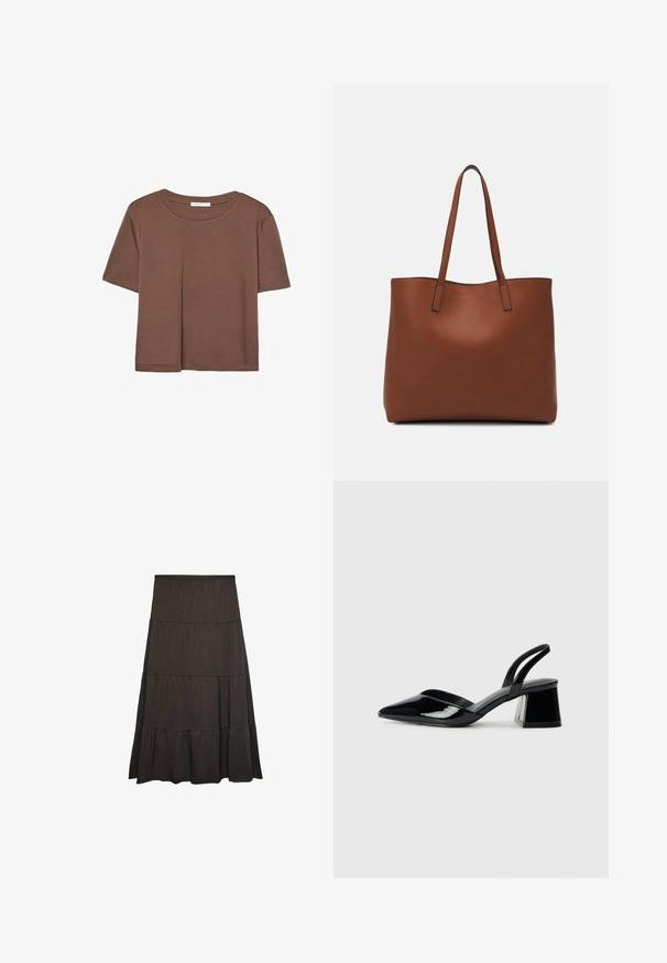 Maglietta a maniche corte marrone realizzata in tessuto morbido, con scollatura rotonda e vestibilità rilassata. Nessun motivo o dettaglio visibile.; Gonna maxi tiered marrone scuro realizzata in un tessuto morbido con vita elastica. Presenta tre volant orizzontali lungo la lunghezza.; Décolleté in vernice nera con punta affusolata e tacco in geometria cubica. Presentano un design elegante e minimalista, con una texture liscia.; Borsa tote in pelle marrone con texture liscia, design con apertura superiore e due spallacci. Presenta cuciture minime e nessun hardware visibile.